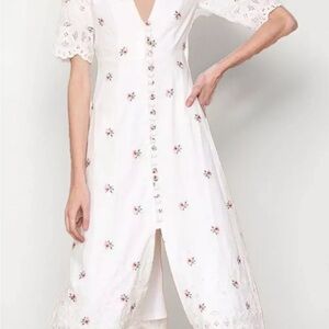 Cottagecore garden girl Button-Down White Dress with Peony pink flowers